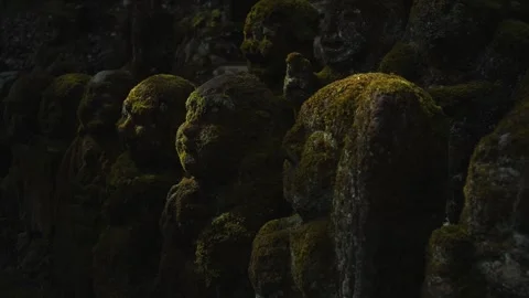 Silent Buddhist Stone Figures in Mossy Woodland Shrine Stock Footage 331557714