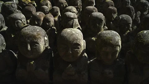 Silent Buddhist Stone Figures in Mossy Woodland Shrine Stock Footage 331557723