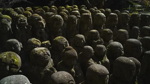 Silent Buddhist Stone Figures in Mossy Woodland Shrine Stock Footage 331557773