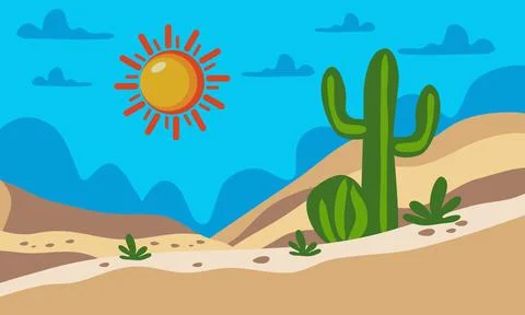 Silent Desert with Standing Cacti Illustration, Minimalist Desert Landscape.. Stock Illustration