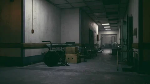 Silent desolate hospital corridor bathed in green light and tense atmosphere Stock Footage 339628701