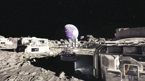 Silent lunar surface with reflective pools and distant habitats Stock Footage 333554867