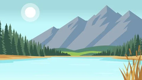 Silent Morning Lake Flat Design Illustration Landscape Stock Illustration
