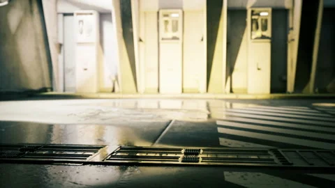 Silent morning maintenance. Quiet train platform with reflecting water Stock Footage 341825493