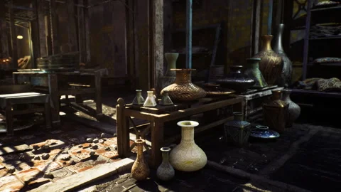 Silent museum atmosphere with aged pottery and gentle lighting Stock Footage 343617677