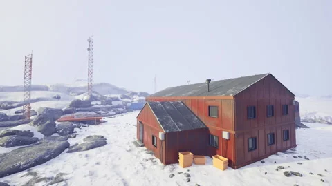 Silent snowy yard with stacked pallets and radio mast silhouette Stock Footage 342922060
