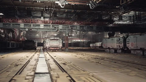 Silent warehouse featuring overhead structures and textured metal panels Stock Footage 329540922