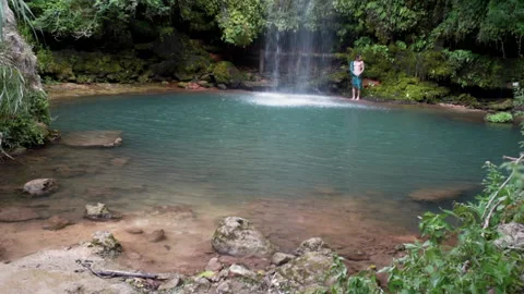 Silent waterfall hidden in the forest in spanish village Stock Footage 223357009