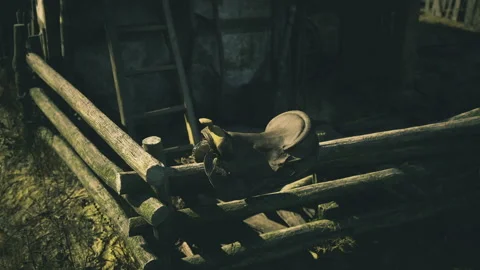 Silent workshop featuring weathered timber and scattered equipment Stock Footage 343624854
