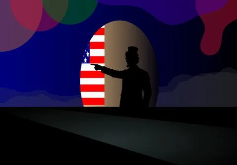 Silhouette of Abraham Lincoln facing forward with US Flag 스톡 일러스트