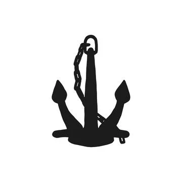 Silhouette of anchor with iron chain. Vector black white doodle sketch isolated Stock Illustration