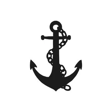 Silhouette of anchor with iron chain. Vector black white doodle sketch isolated Stock Illustration