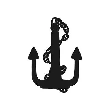 Silhouette of anchor with iron chain. Vector black white doodle sketch isolated Stock Illustration
