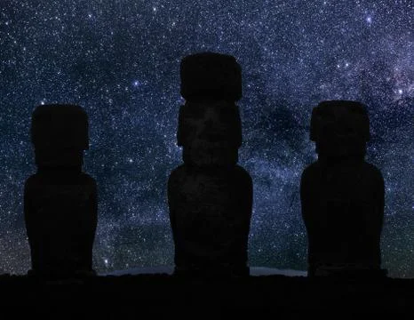 The silhouette of an ancient statues from Easter island in the night sky. Stock Illustration