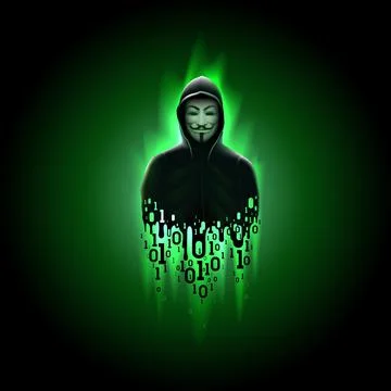 Silhouette anonymous computer hacker in hood, binary code on green background Illustrazione stock