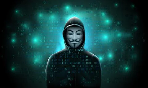 Silhouette anonymous computer hooded hacker on blue background with binary code Stock Illustration