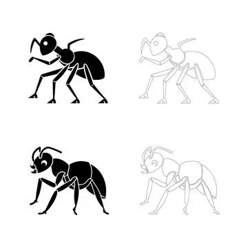 Silhouette of an ant side view walking with legs extended, bold flat black .. Stock Illustration