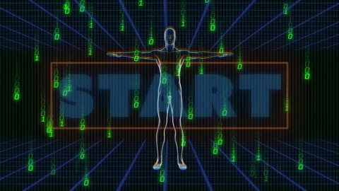 Silhouette appearing then rotating while binary digits falling around START text Stock Footage 326427461