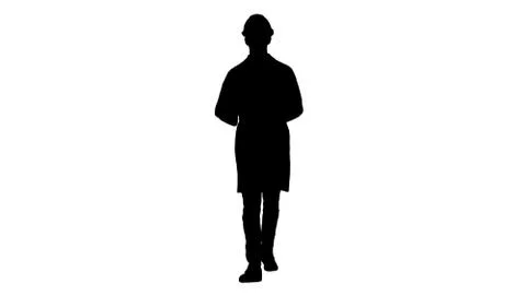Silhouette Arab engineer presenting something talking to camera while walking. Illustrazione stock