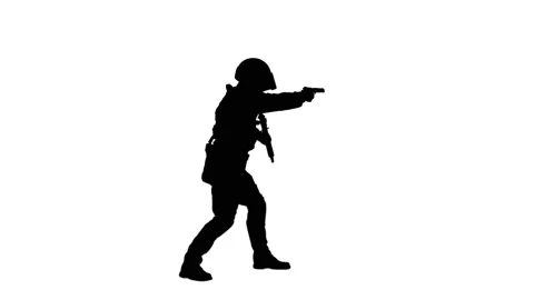 Silhouette Armed man in protective cask aiming with a pistol. Video stock 151206322