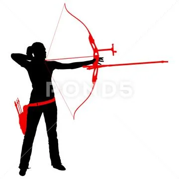 Silhouette attractive female archer bending a bow and aiming in the target Stock Illustration