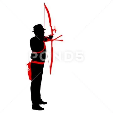 Silhouette attractive male archer bending a bow and aiming in the target Stock Illustration