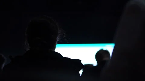 Silhouette Of Audience Watching Presentation At Tech Conference Startup Event Stock Footage 338010272