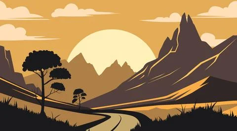 Silhouette background, hill view, with long road Illustrazione stock
