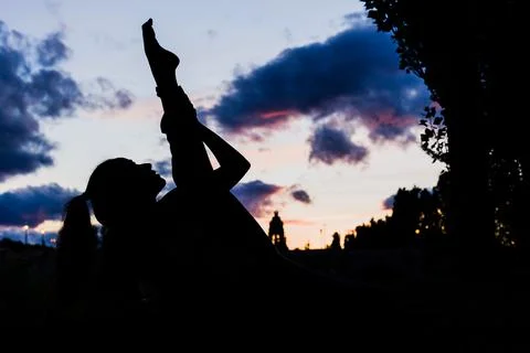 Silhouette from a ballet dancer during the dusk or sunset happy positive motion Stock Photos