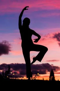 Silhouette from a ballet dancer during the dusk or sunset happy positive motion Stock Photos