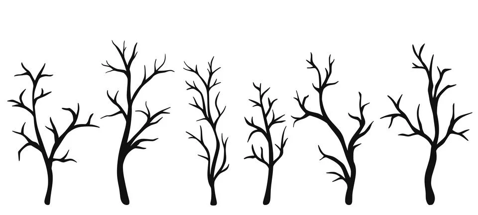 Silhouette of bare leafless trees set Stock Illustration