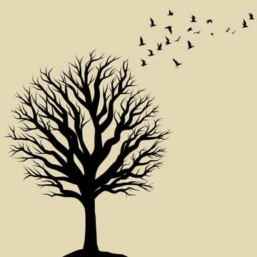 Silhouette of bare tree and flock of birds flying Stock Illustration