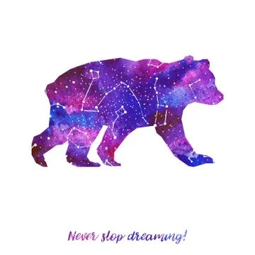 Silhouette of bear. Starry sky with different constellations. Stock Illustration