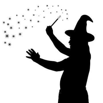 Silhouette of bearded wizard in cloak with pointed hat creating magic Stock Illustration