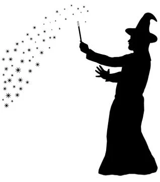 Silhouette of bearded wizard in cloak with pointed hat creating magic Stock Illustration