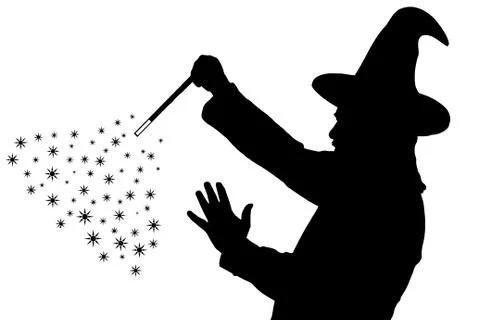 Silhouette of bearded wizard in cloak with pointed hat creating magic Stock Illustration