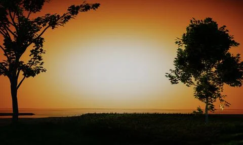 Silhouette of a big tree on the grass. Background in bright orange white tone Stock Illustration