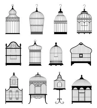 Silhouette bird cages set. Empty decorative vintage houses for parrots and Stock Illustration