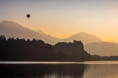 Silhouette of Bled Castle on a Lake Stock Photos
