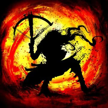 A silhouette, a bounty hunter in a dynamic pose, with long hair and a crossbo イラスト素材