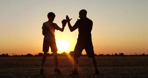 Silhouette of boxing coach training boy at sunset in open field. Young athlete Stock Footage 345477427