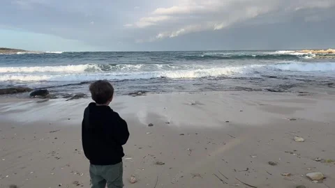 Silhouette of a boy on the seashore. Video stock 302244078
