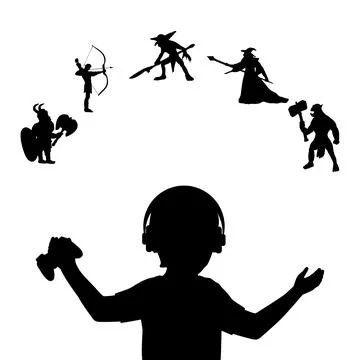 Silhouette boy select between game characters Stock Illustration