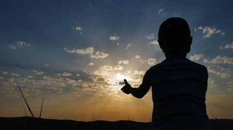 Silhouette of a Boy Sitting on a Background of Sunset Stock Footage 67262996
