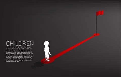 Silhouette of boy standing on route path to red flag at goal. Concept of educ Stock Illustration