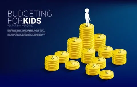 Silhouette of boy standing on top of stack of coin. Concept of budgeting for  Stock Illustration
