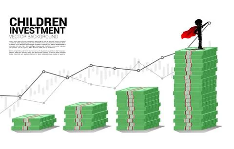 Silhouette of boy in superhero on stack of banknote. Concept of education sta Stock Illustration