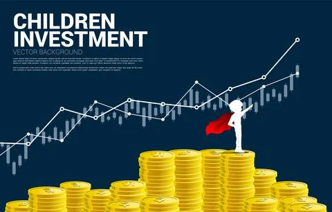 Silhouette of boy in superhero on stack of coin. Concept of education start a Stock Illustration