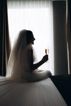 Silhouette of bride sitting by window Stock Photos