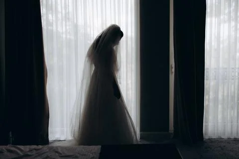 Silhouette of a bride stands by a window Stock Photos